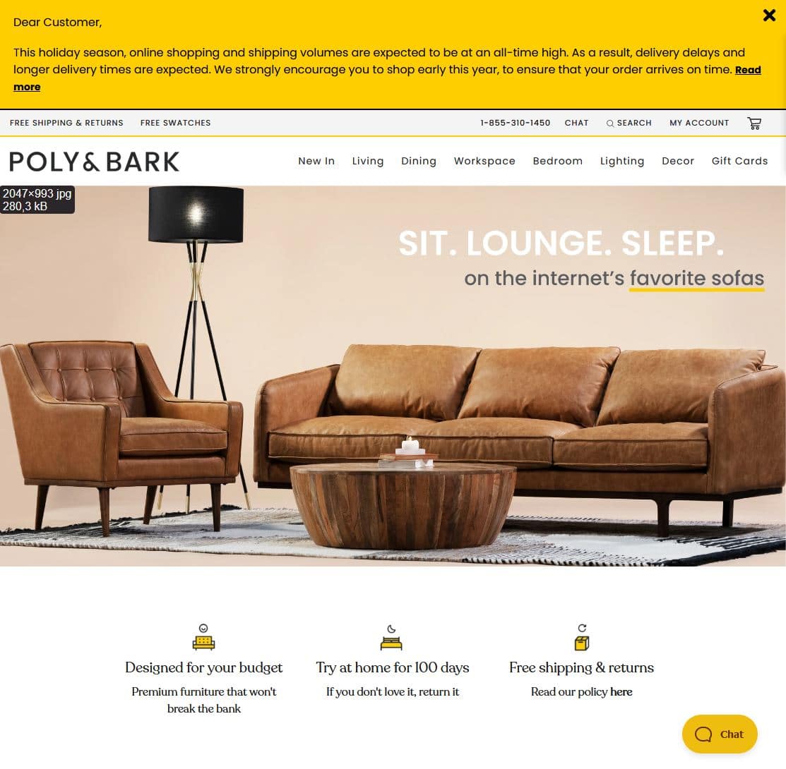 Screenshot eines Shopify-Shops für Möbel
