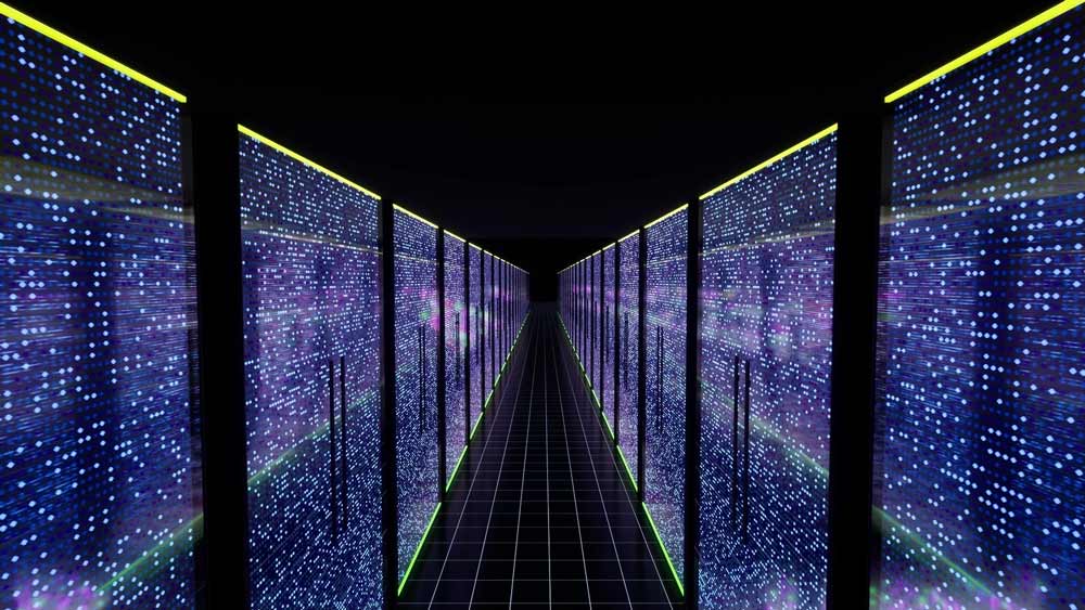 Neon Lichter in einem 3D Rendering eines virtuellen Datenraums
