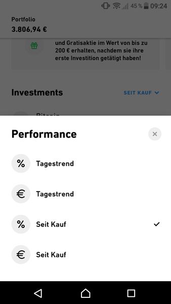 Trade Republic App Portfolio Performance relativ und absolut