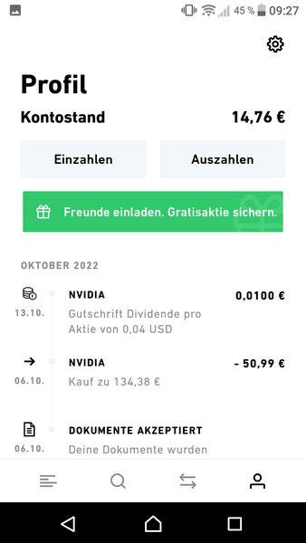 App Profil mit Liste der Transaktionen