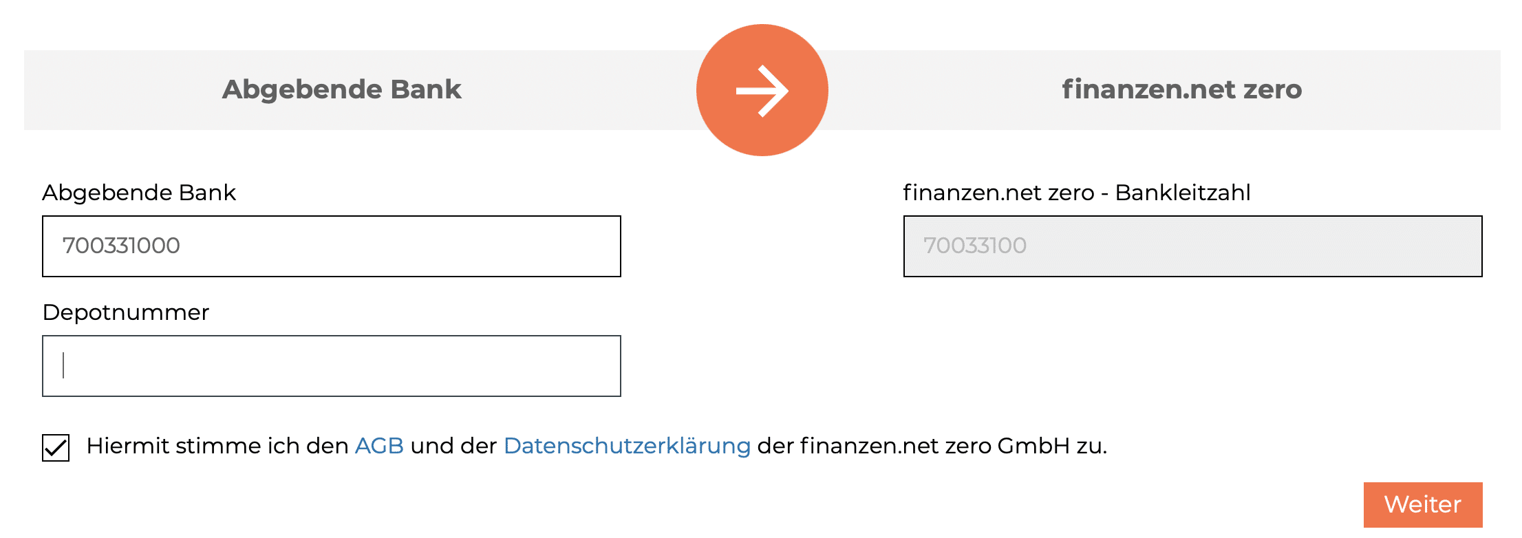 Gib die abgebende Bank für den Depotübertrag an